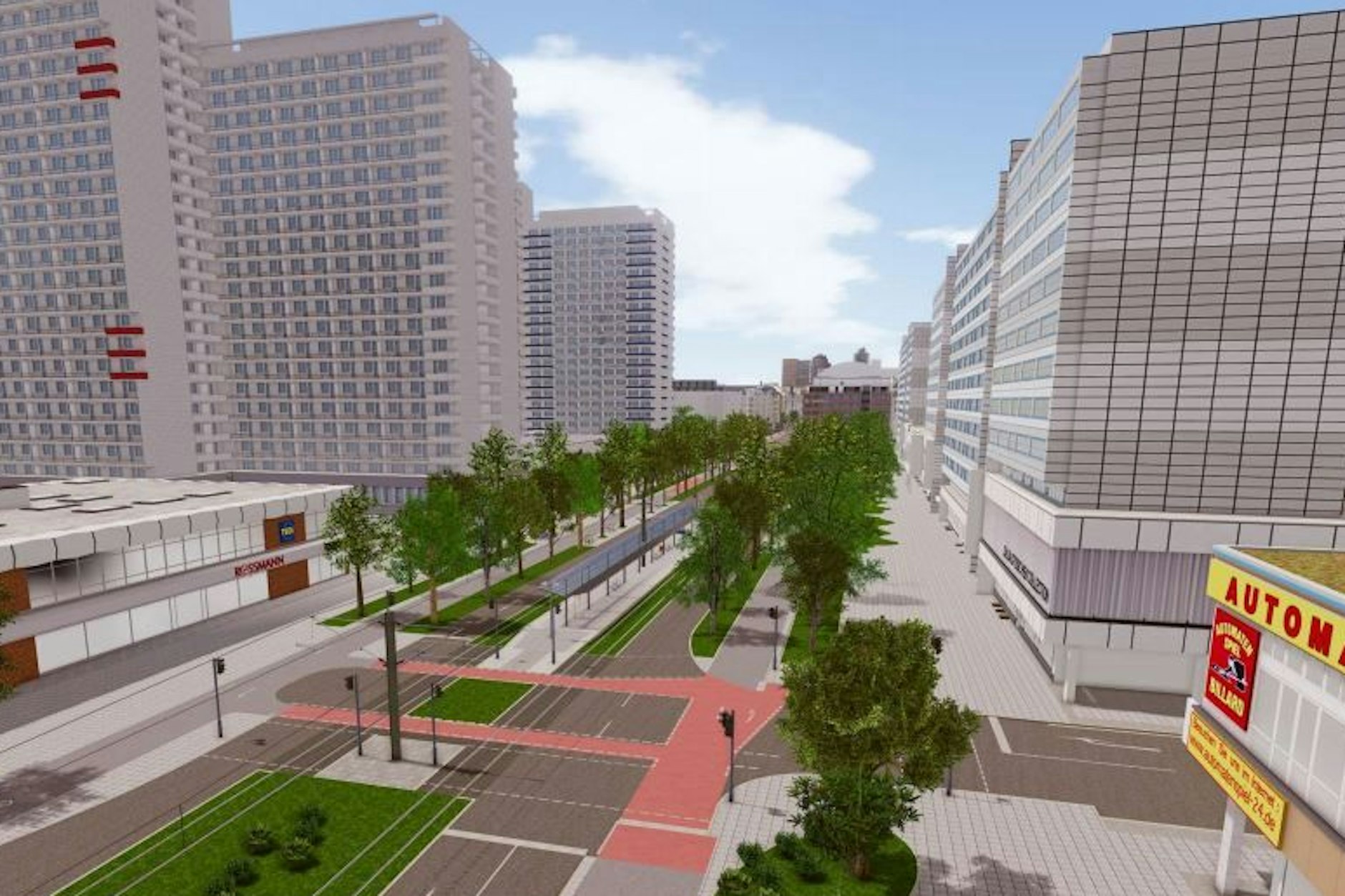 Vier Baumreihen, vier Meter breite Radwege und Straßenbahngleise auf dem Mittelstreifen, der verbreitert und begrünt wird: Die Simulation zeigt die Planung für die Leipziger Straße.
