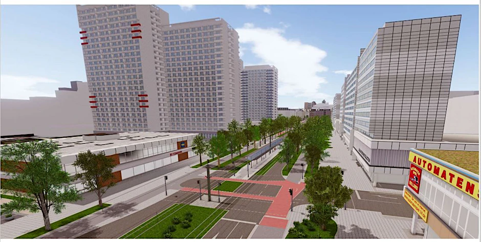Vier Baumreihen, vier Meter breite Radwege und Straßenbahngleise auf dem Mittelstreifen, der verbreitert und begrünt wird: Die Simulation zeigt die Planung für die Leipziger Straße.