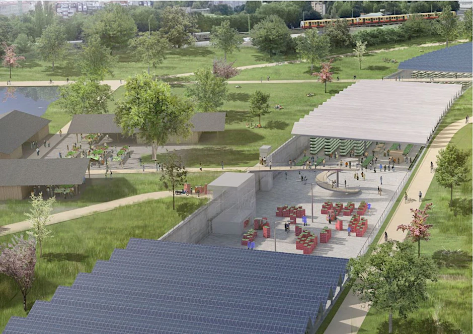 Die Simulation zeigt, wie das Trogbauwerk und die Umgebung genutzt werden könnten. In dem Einschnitt befindet sich ein Agrarbetrieb, daneben entstehen ein Besucherzentrum und ein Park.