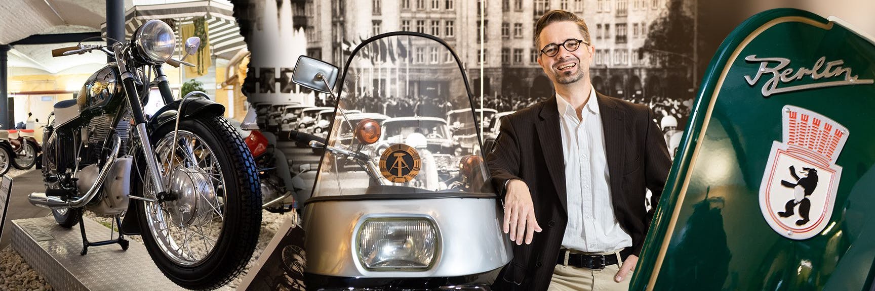 In der Ausstellung in Mitte sind viele DDR-Zweiräder zu sehen. Hier: Ausstellungsleiter Sören Marotz (48) mit der MZ ETS 250 Eskort, die bei Staatsbesuchen im Einsatz war.