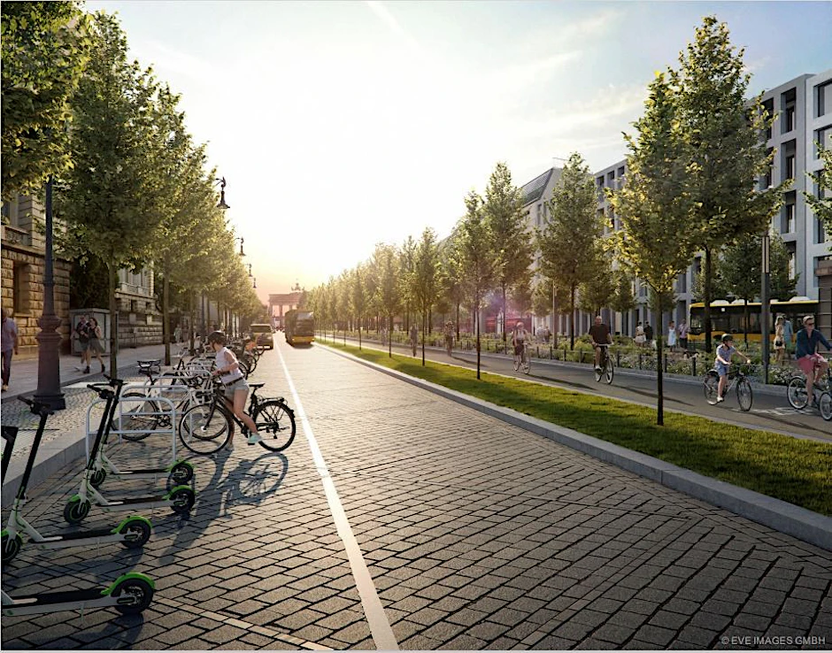 Eine Idee für die Umgestaltung der Straße Unter den Linden. Ein Fahrstreifen pro Richtung bleibt - aber nicht für Autos, sondern für Busse, Taxis und Lieferfahrzeuge. Daneben entsteht Platz, um Fahrräder und E-Scooter abzustellen. Die Gehwege werden etwas schmaler,&nbsp; die Mittelpromenade gewinnt hinzu.  Dort bekommt die Straße ein fünfte und sechste Baumreihe sowie breite Radwege.