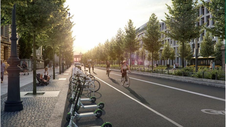 Eine weitere Idee für die endgültige Gestaltung der Straße Unter den Linden: Der linke Fahrstreifen wird für Busse, Taxis, Liefer- und Ausflugsverkehr reserviert. In der Mitte der Fahrbahn verläuft ein 3,50 Meter breiter Radfahrstreifen, flankiert von einem Multifunktionsstreifen. Gehwege und Mittelpromenade werden verbreitert.