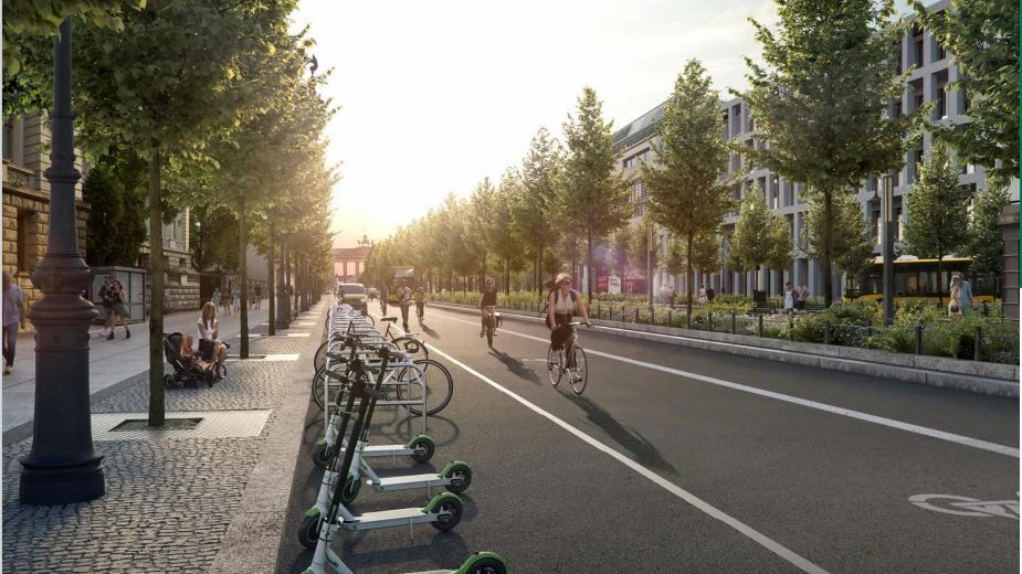 Eine weitere Idee für die endgültige Gestaltung der Straße Unter den Linden: Der linke Fahrstreifen wird für Busse, Taxis, Liefer- und Ausflugsverkehr reserviert. In der Mitte der Fahrbahn verläuft ein 3,50 Meter breiter Radfahrstreifen, flankiert von einem Multifunktionsstreifen. Gehwege und Mittelpromenade werden verbreitert.