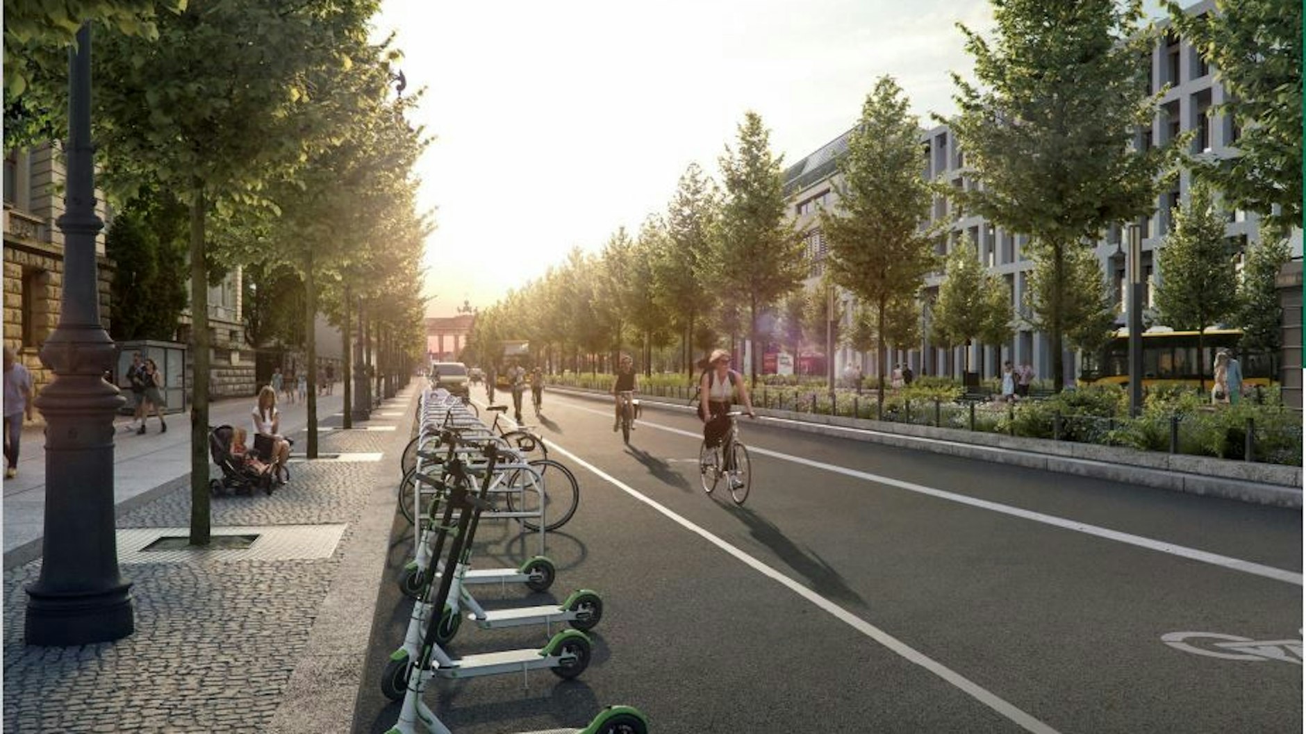 Eine weitere Idee für die endgültige Gestaltung der Straße Unter den Linden: Der linke Fahrstreifen wird für Busse, Taxis, Liefer- und Ausflugsverkehr reserviert. In der Mitte der Fahrbahn verläuft ein 3,50 Meter breiter Radfahrstreifen, flankiert von einem Multifunktionsstreifen. Gehwege und Mittelpromenade werden verbreitert.