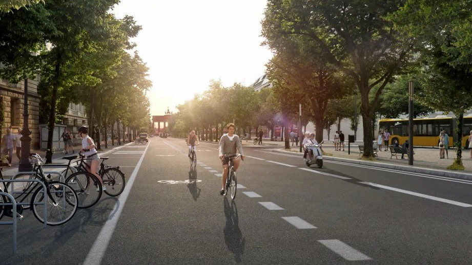 So soll die Straße ab 2022 mehrere Jahre lang aussehen. Autoverkehr ist weiterhin möglich, für ihn gibt es aber statt zwei nur noch einen Fahrstreifen pro Richtung. Die Busspur ist in der Mitte der Fahrbahn. Ein 3,25 Meter breiter Radfahrstreifen und ein 2,50 Meter breiter Streifen mit mehreren Funktionen schließen sich an.