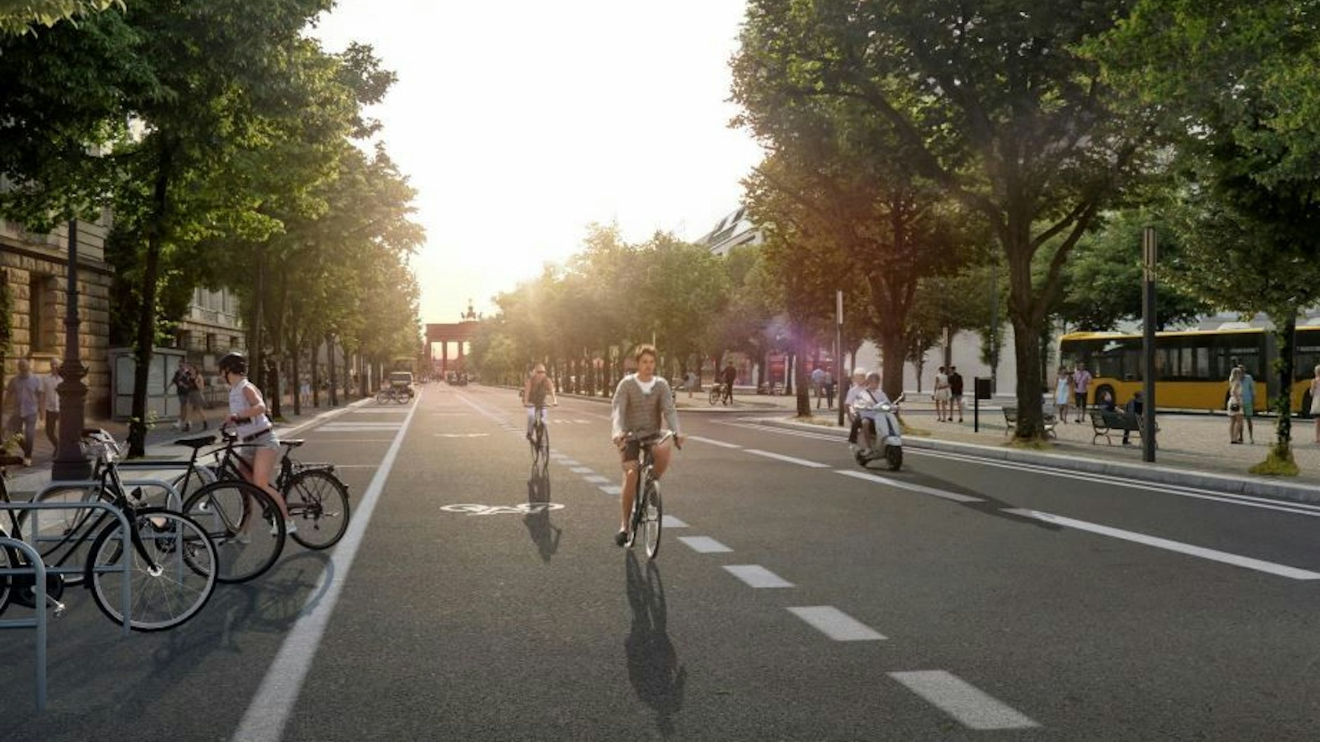 So soll die Straße ab 2022 mehrere Jahre lang aussehen. Autoverkehr ist weiterhin möglich, für ihn gibt es aber statt zwei nur noch einen Fahrstreifen pro Richtung. Die Busspur ist in der Mitte der Fahrbahn. Ein 3,25 Meter breiter Radfahrstreifen und ein 2,50 Meter breiter Streifen mit mehreren Funktionen schließen sich an.