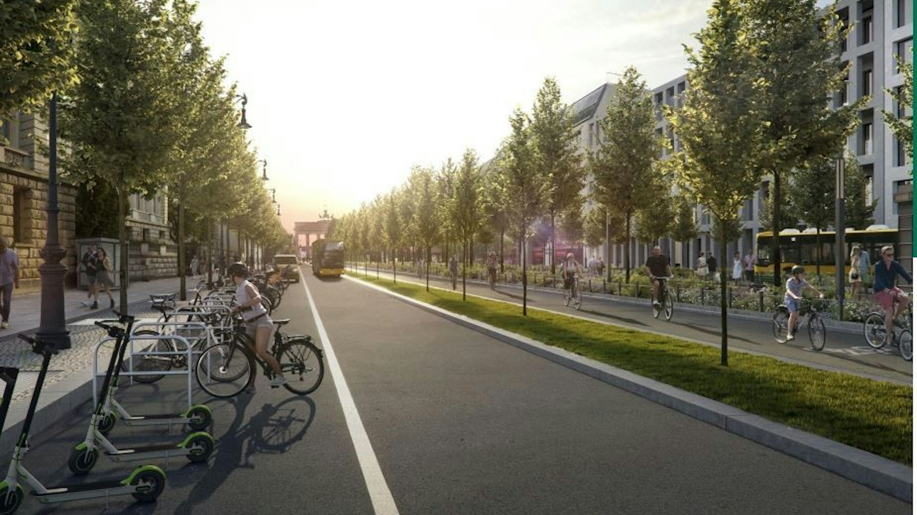 Eine Idee für die Umgestaltung der Straße Unter den Linden. Ein Fahrstreifen pro Richtung bleibt - aber nicht für Autos, sondern für Busse, Taxis und Lieferfahrzeuge. Daneben entsteht Platz, um Fahrräder und E-Scooter abzustellen. Die Gehwege werden etwas schmaler, die Mittelpromenade gewinnt hinzu. Dort bekommt die Straße ein fünfte und sechste Baumreihe sowie breite Radwege.