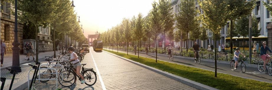 Eine Idee für die Umgestaltung der Straße Unter den Linden. Ein Fahrstreifen pro Richtung bleibt - aber nicht für Autos, sondern für Busse, Taxis und Lieferfahrzeuge. Daneben entsteht Platz, um Fahrräder und E-Scooter abzustellen. Die Gehwegen werden verbreitert, auch die Mittelpromenade gewinnt hinzu. Dort bekommt die Straße ein fünfte und sechste Baumreihe sowie zwei vier Meter breite Radwege.