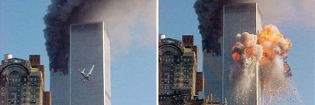 Die Bilder zeigen, wie der zweite Jet auf den zu diesem Zeitpunkt noch unversehrten zweiten Turm des World Trade Centers in New York zusteuert und ihn in einem Feuerball trifft. 