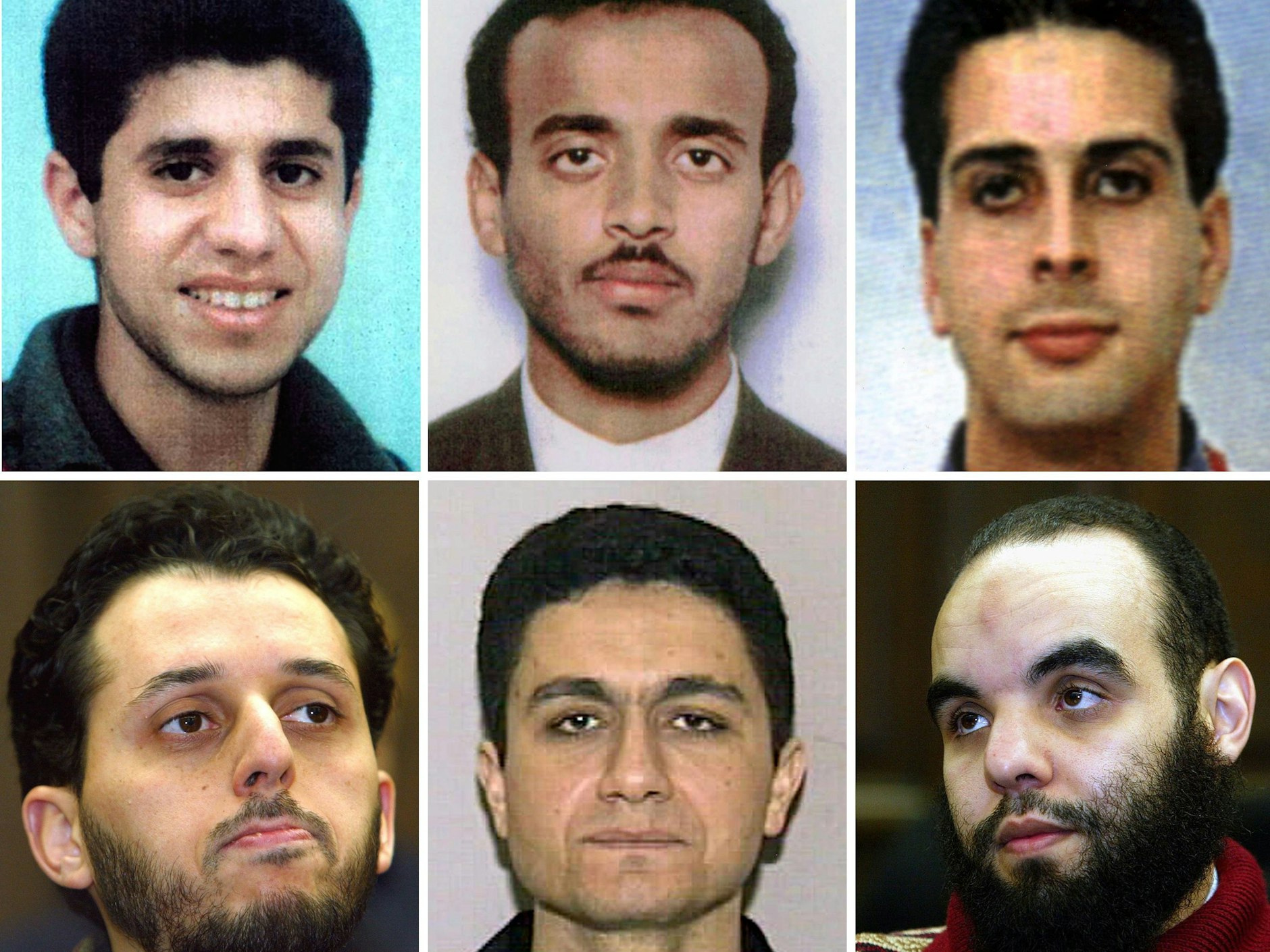 Die Mitglieder der sogenannten Hamburger Terrorzelle (oben l-r) Zakariya Essabar, Abdullah Binalshibh, Said Bahaji, (unten l-r) Mounir El Motassadeq, Mohammed Atta und Abdelghani Mzoudi.&nbsp;