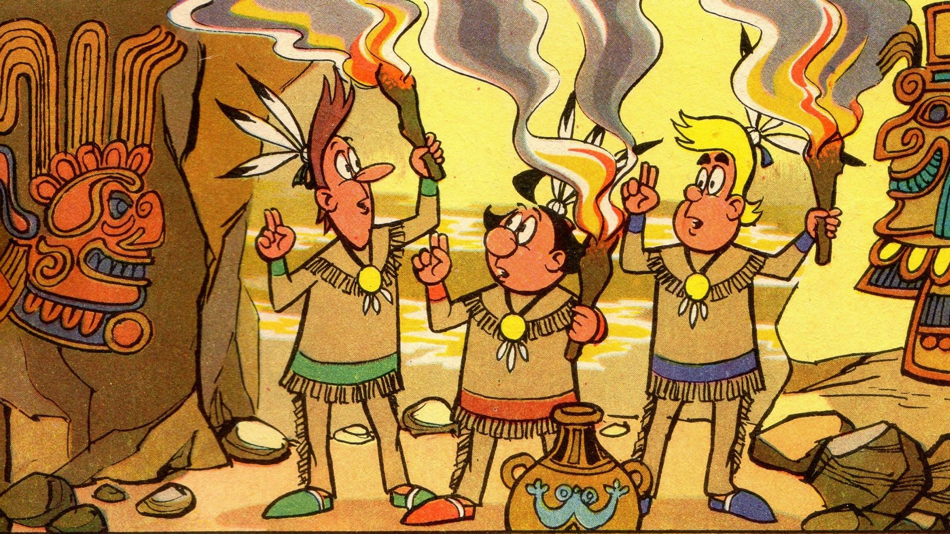 Das Mosaik zeigt in einer Ausgabe von 1970 die Digedags mit Federschmuck und Fransenkleidung auf der Suche nach einem Aztekenschatz. 