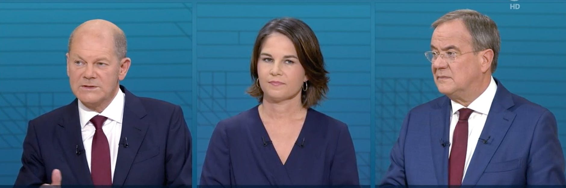 Kanzlerkandidat Olaf Scholz (SPD), Kanzlerkandidatin Annalena Baerbock (Bündnis 90/Die Grünen) und Kanzlerkandidat Armin Laschet (CDU) beim TV-Triell. 