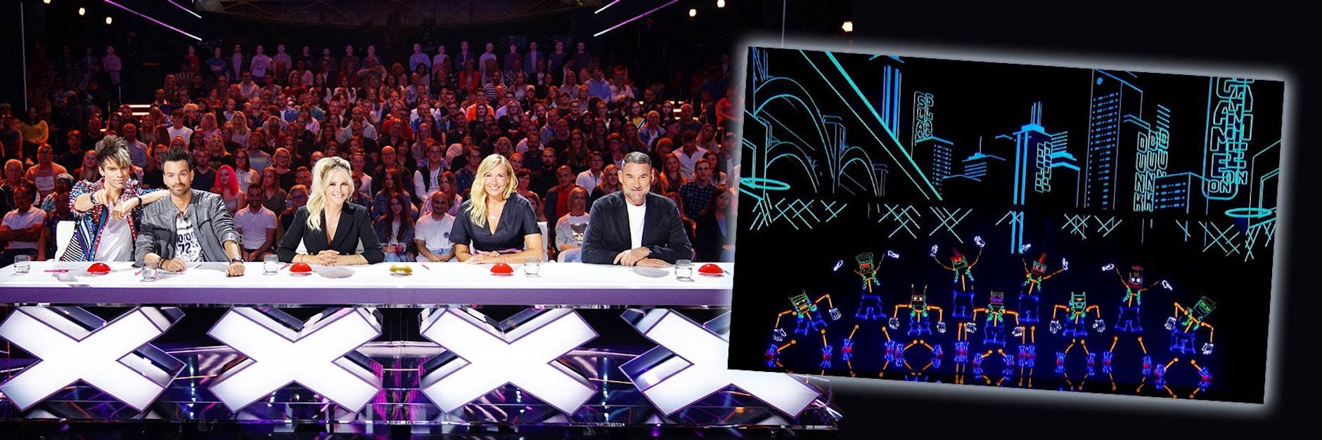 Die Ehrlich Brothers, Chantal Janzen, Andrea Kiewel und Michael Michalsky sitzen in der Jury bei „Das Supertalent“. Rechts: Die „Light Balance Kids“.