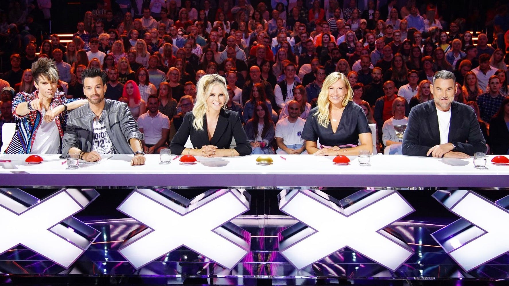 Eine der möglichen Jury-Besetzungen: Die „Ehrlich Brothers“, Chantal Janzen, Andrea Kiewel und Michael Michalsky bei „Das Supertalent“.