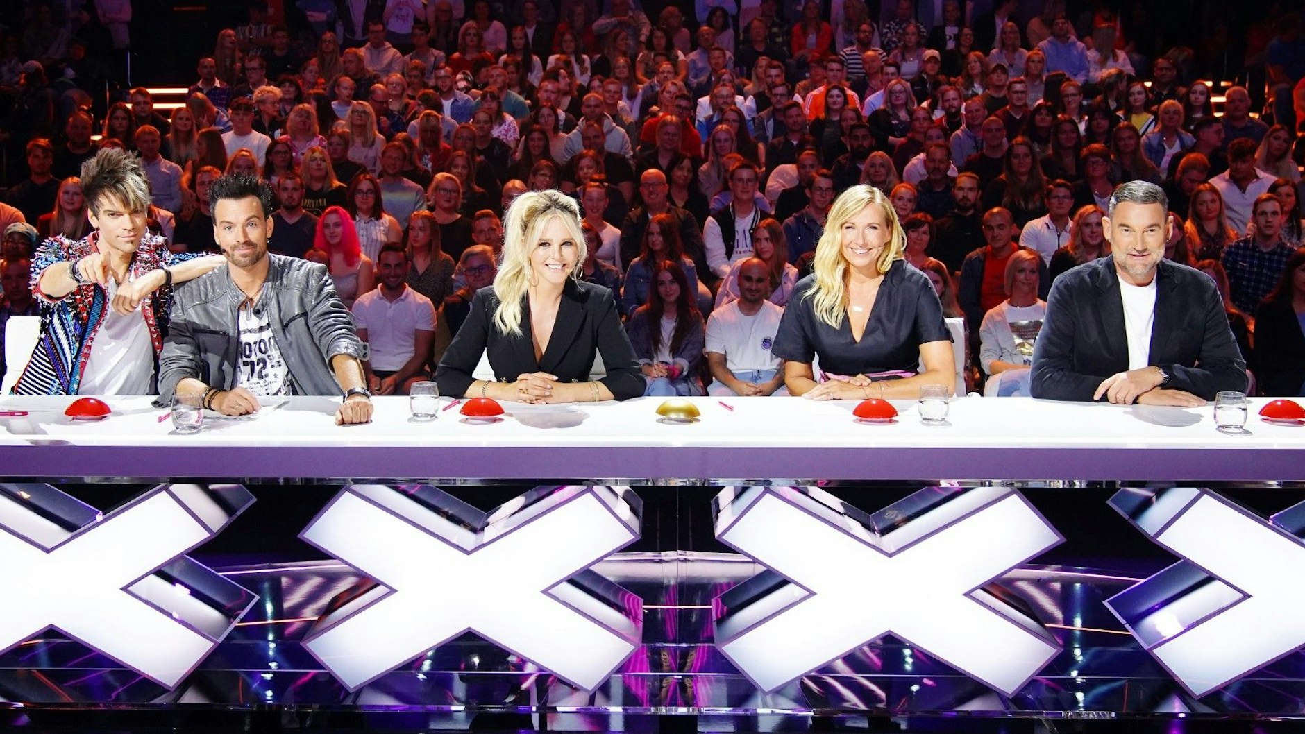 Eine der möglichen Jury-Besetzungen: Die „Ehrlich Brothers“, Chantal Janzen, Andrea Kiewel und Michael Michalsky bei „Das Supertalent“.