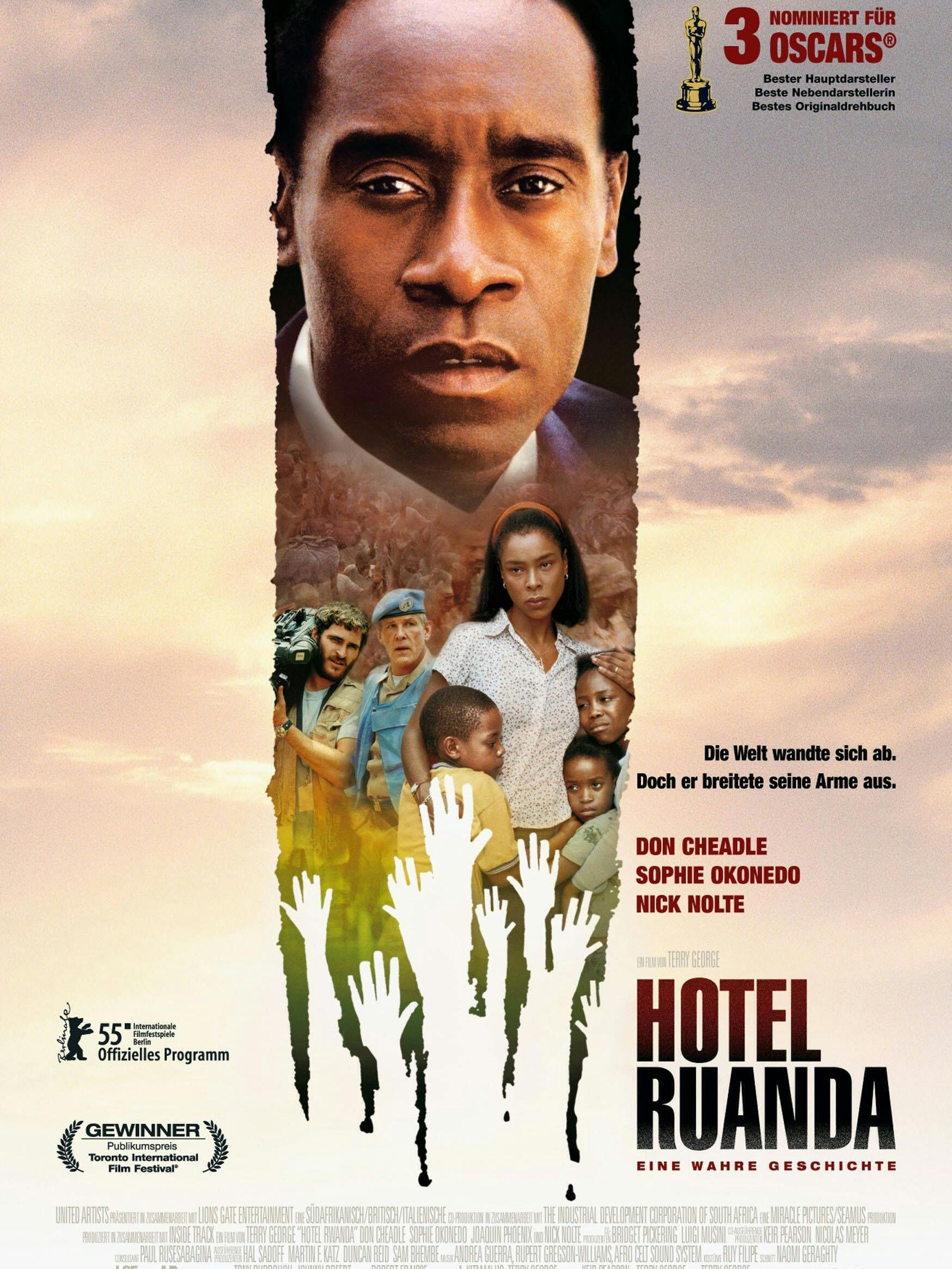 Das Filmplakat von „Hotel Ruanda“ mit den Hauptdarstellern Don Cheadle und Sophie Okonedo.