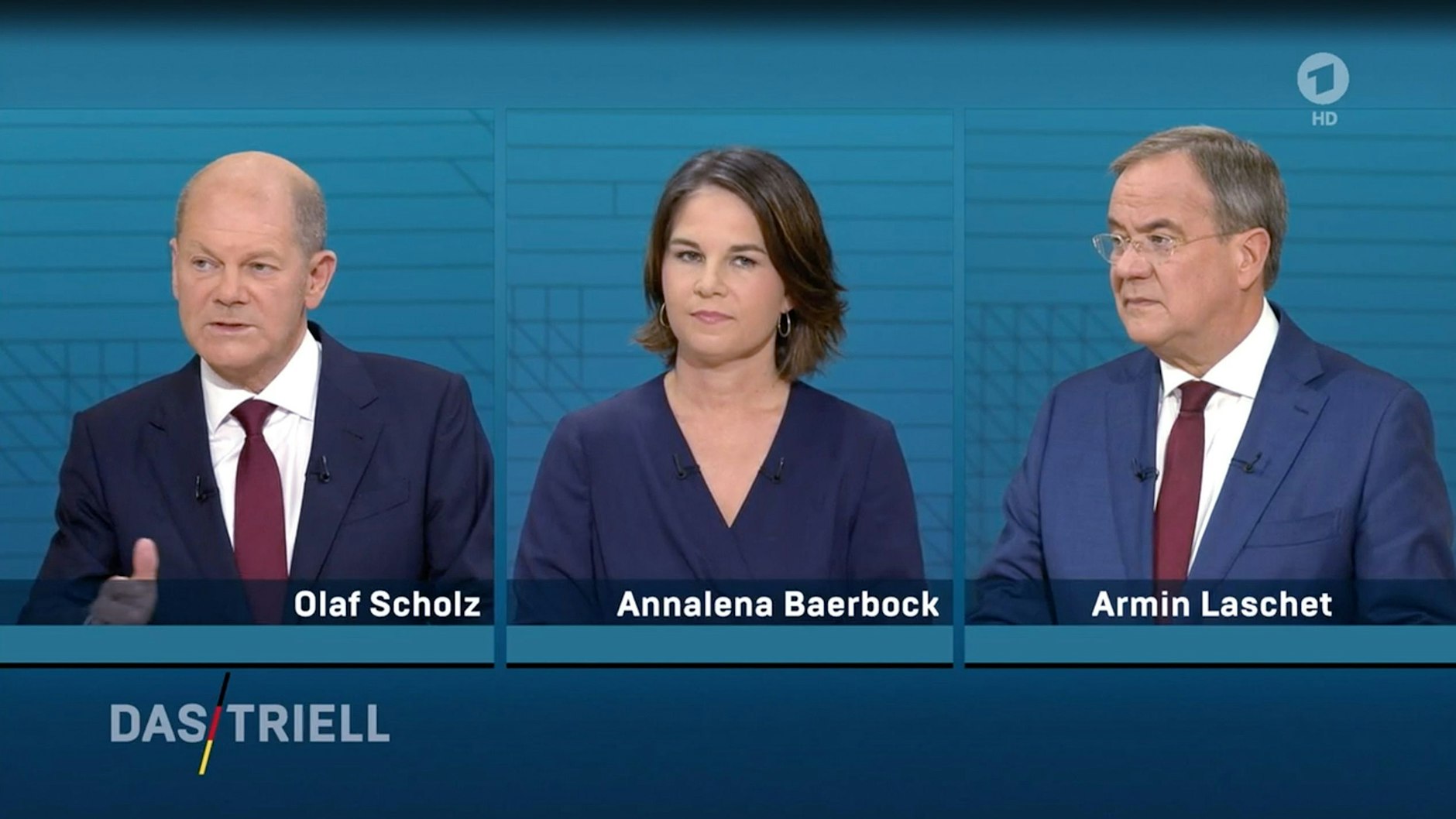 Olaf Scholz, Annalena Baerbock und Armin Laschet beim Triell von ARD und ZDF.