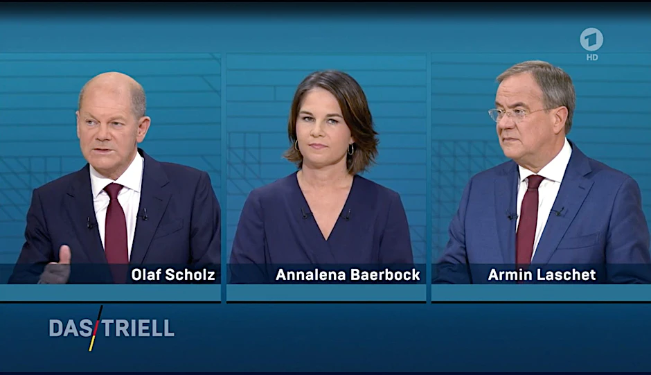 Olaf Scholz, Annalena Baerbock und Armin Laschet beim Triell von ARD und ZDF.