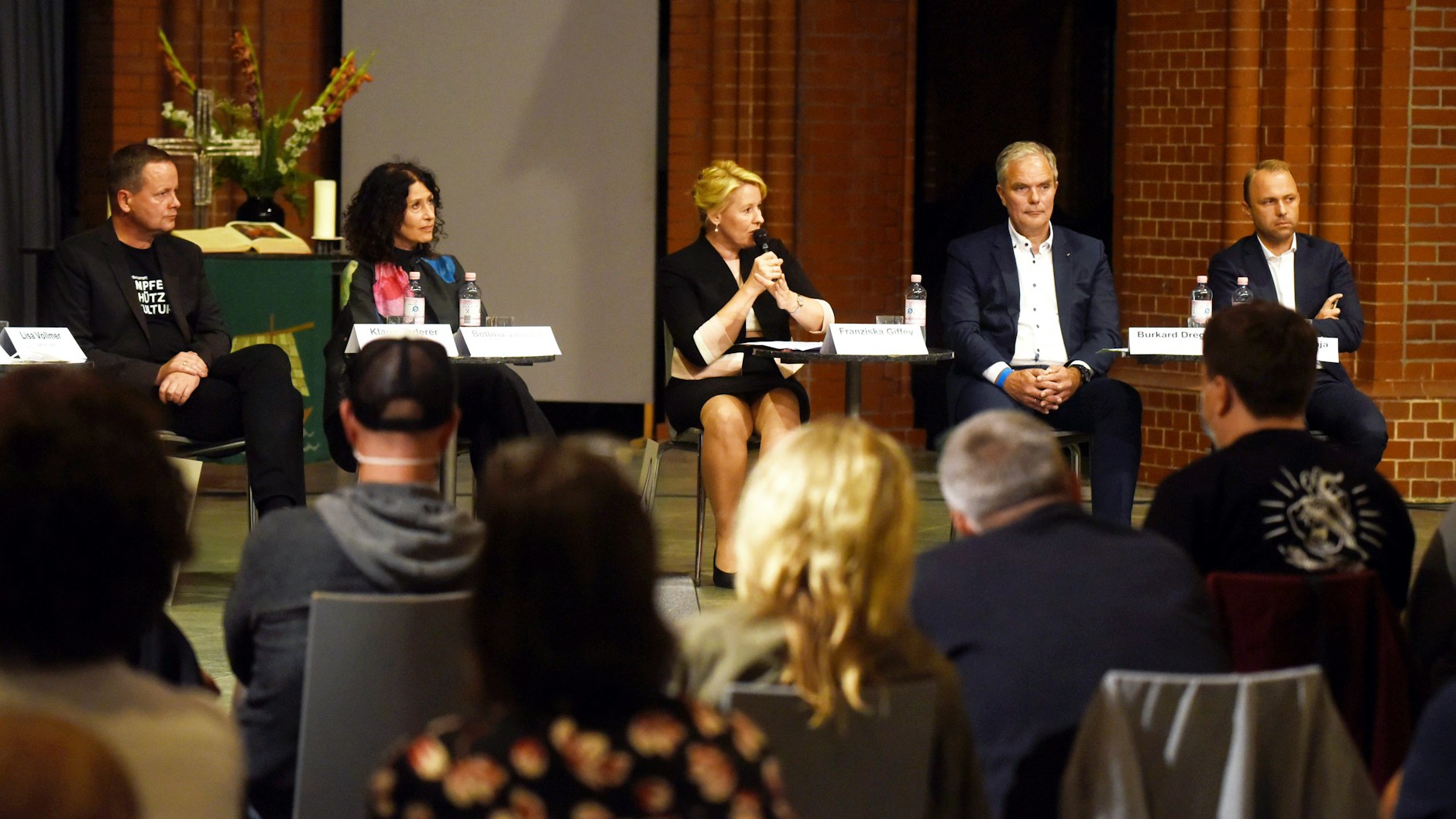Sie debattierten (v.l.): Klaus Lederer (Linke), Bettina Jarasch (Grüne),  Franziska Giffey (SPD), Burkard Dregger (CDU) und Sebastian Czaja (FDP).<br>