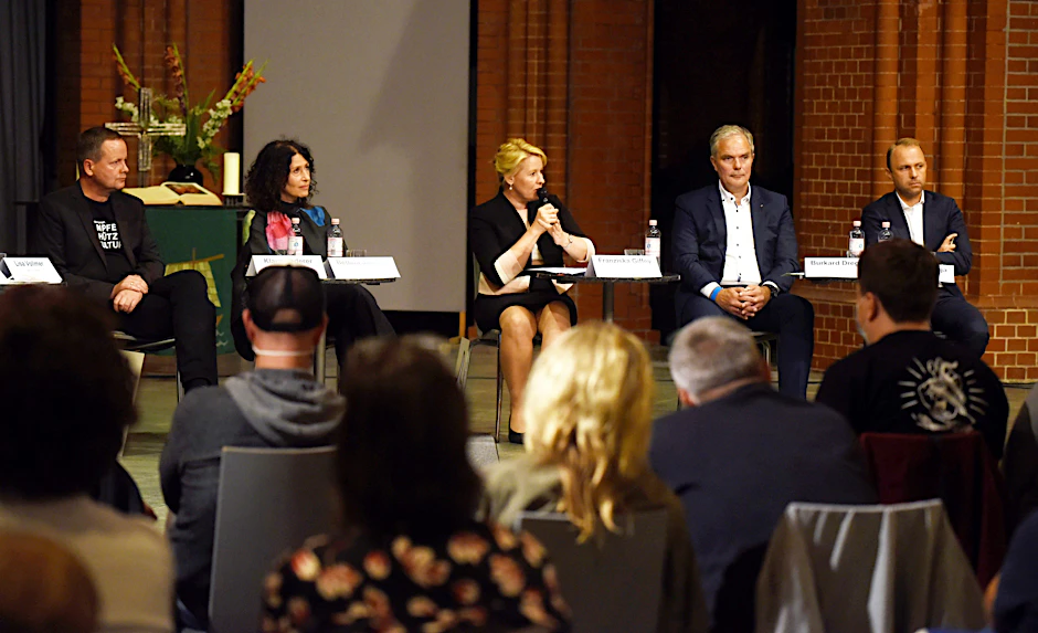 Sie debattierten (v.l.): Klaus Lederer (Linke), Bettina Jarasch (Grüne),  Franziska Giffey (SPD), Burkard Dregger (CDU) und Sebastian Czaja (FDP).<br>