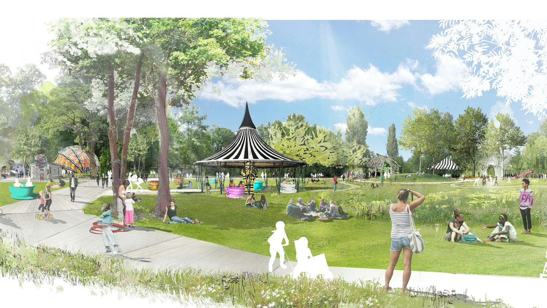 Auf der freien Fläche hinter dem ehemaligen Haupteingang wird das ehemalige Tassenkarussell zum Pavillon.