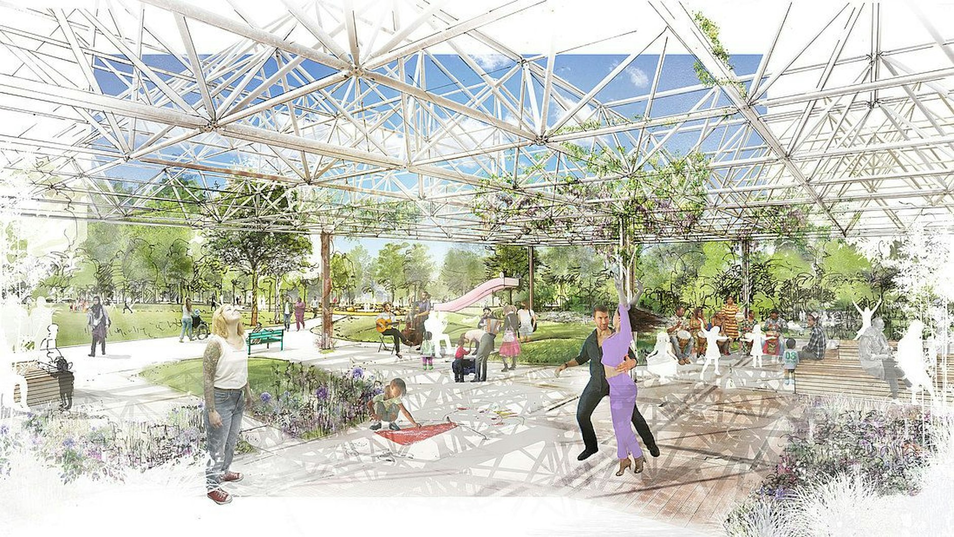 So soll der Spreepark in Berlin-Treptow einmal aussehen: Ein Rückzugsort mit Kunst- und Kulturangeboten. 2026 soll alles fertig sein.