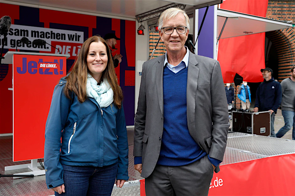 Schwerer Stand im Wahlkampf: Die Spitzenkandidaten der Linkspartei, Janine Wissler und Dietmar Bartsch in Stralsund.