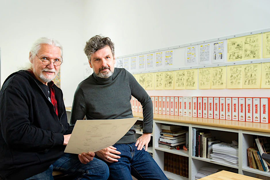Die Schöpfer: Jörg Reuter (l.) ist der künstlerische Leiter des Verlages, Jens Schubert erfindet die Abenteuer der Abrafaxe.<br>