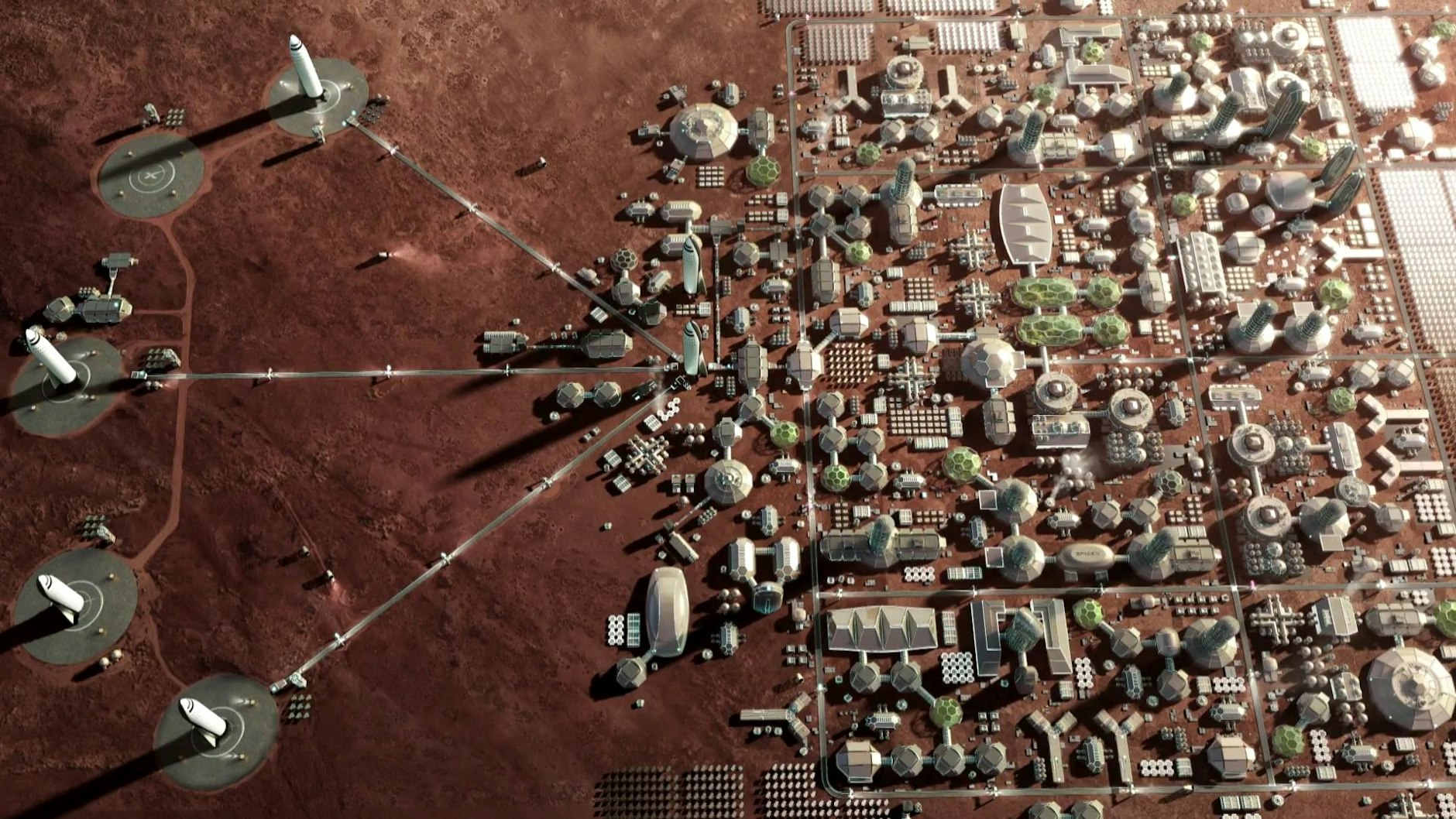 Mars City hat Elon Musk in Präsentationen die erste menschliche Kolonie auf dem Mars genannt. Hier eine Simulation seines Unternehmens SpaceX.