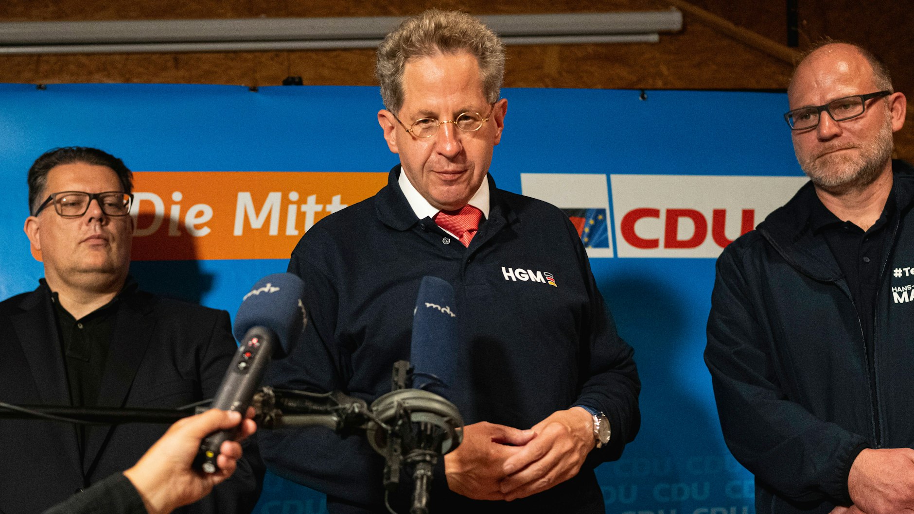 Zella-Mehlis: Pressestatement von Hans-Georg Maaßen (CDU) nach den ersten Hochrechnungen zur Bundestagswahl 2021.&nbsp;