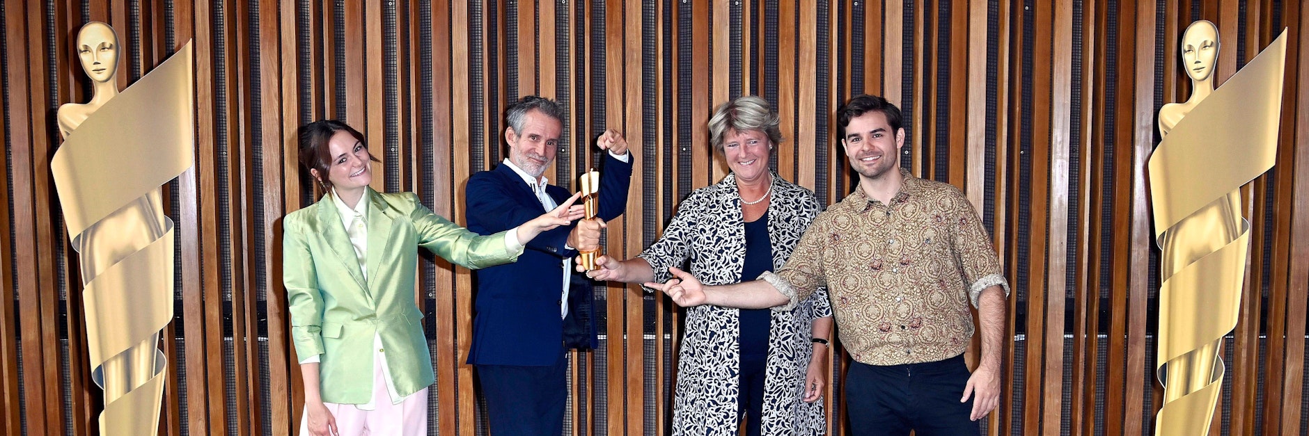 Lea van Acken, Ulrich Matthes, Monika Grütters und Lucas Reiber bei der Nominierungsbekanntgabe zum Deutschen Filmpreis im August.<br>