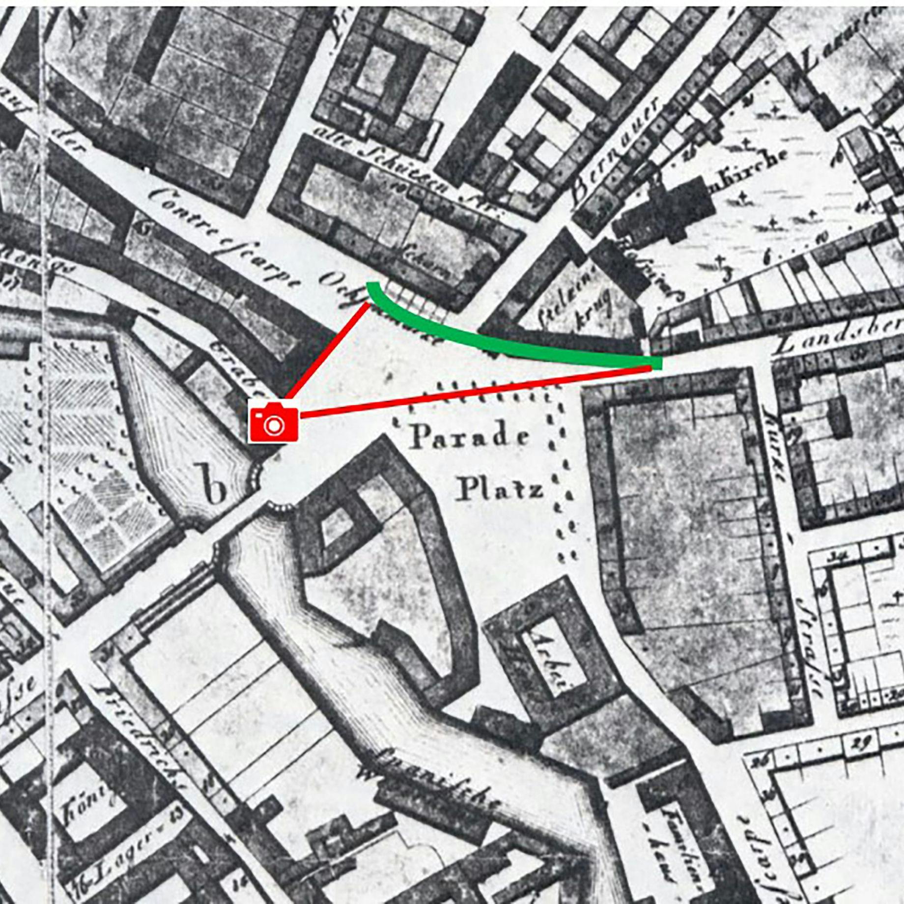 Über den Alexanderplatz: Standort des Fotografen und Aufnahmewinkel zwischen Ochsenmarkt und Landberger Allee, nach der Situation von 1804
