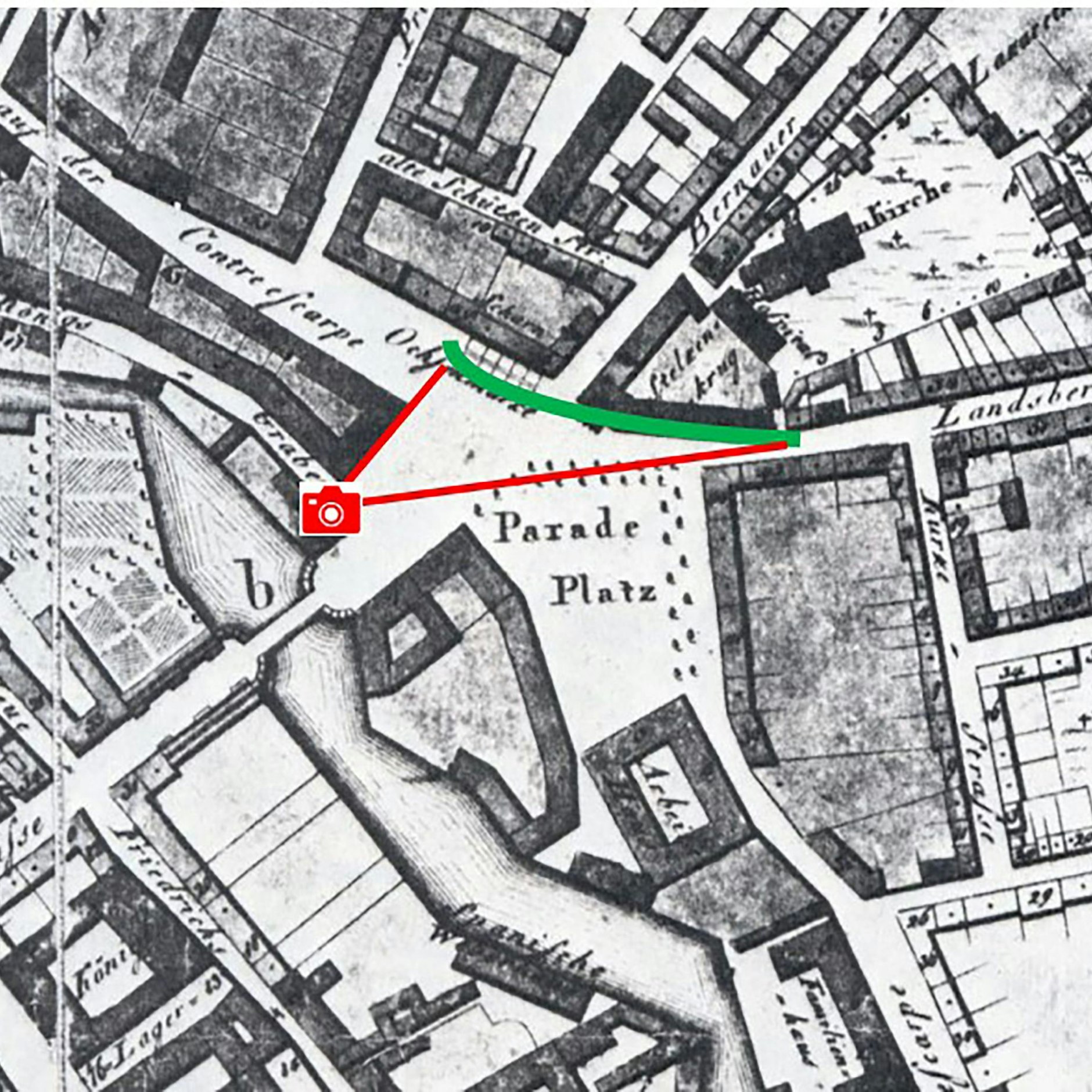 Über den Alexanderplatz: Standort des Fotografen und Aufnahmewinkel zwischen Ochsenmarkt und Landberger Allee, nach der Situation von 1804
