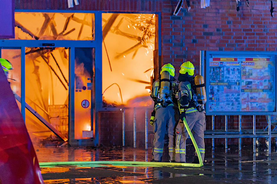 Einsatzkräfte kämpfen gegen ein Feuer in einem Supermarkt in Neukölln.