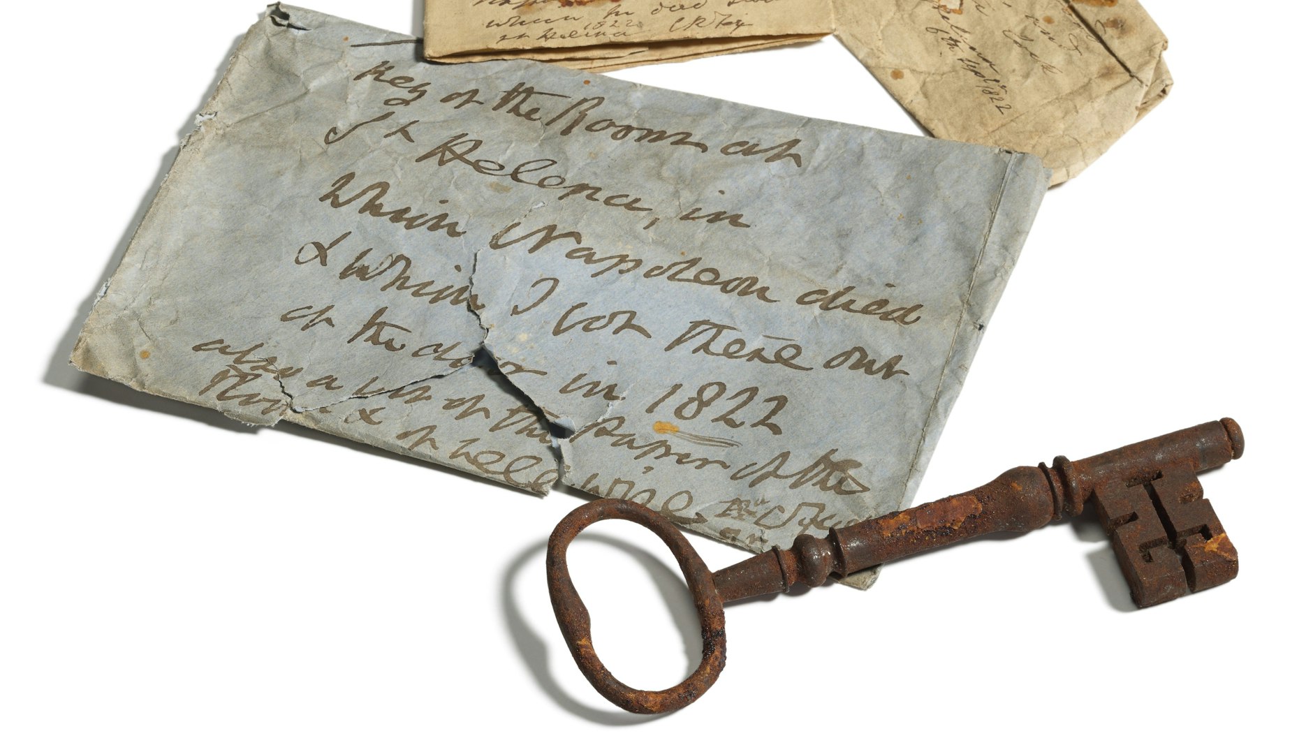 Der Schlüssel zu Napoleons Sterbezimmer mit einer Notiz eines britischen Offiziers.