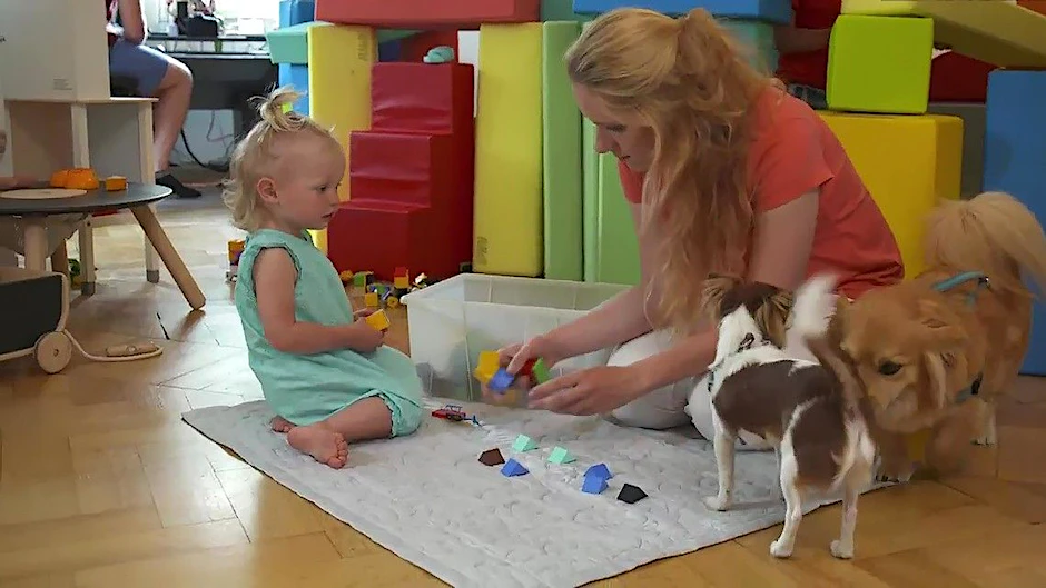 Der Hund mag die neue Decke schon, bald soll das Kind sie mit ins Bett nehmen. Szene aus der Sendung „Train Your Baby Like a Dog – Die Hund-Kind-Methode“.&nbsp;