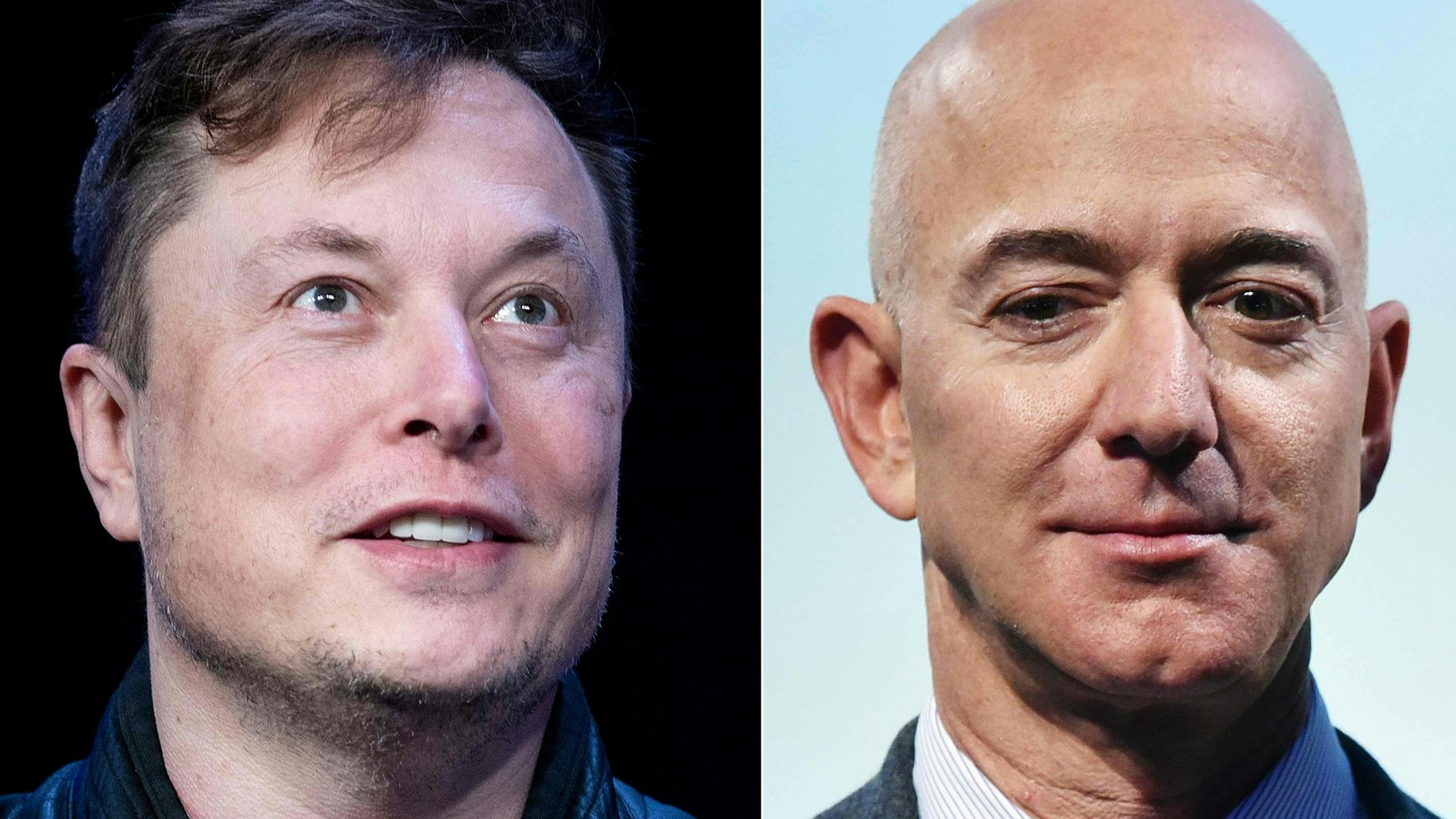 Elon Musk (l.) und Jeff Bezos wollen Tausende Satelliten am Himmel platzieren.