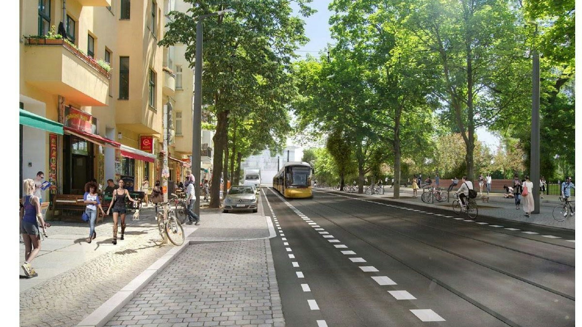 So soll die Strecke in der Sonntagstraße in Friedrichshain aussehen. Mit der Straßenbahn gelangen Fahrgäste zum Ostkreuz – doch zahlreiche Parkplätze sind weggefallen.