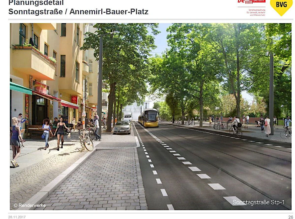 So soll die Strecke in der Sonntagstraße in Friedrichshain aussehen. Mit der Straßenbahn gelangen Fahrgäste zum Ostkreuz – doch zahlreiche Parkplätze sind weggefallen.