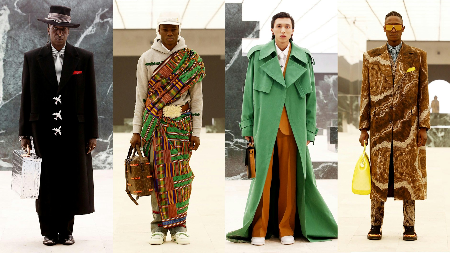 Mode, Messages, Mies van der Rohe: Virgil Abloh feiert bei Louis Vuitton die Black Culture. Und überzeugt wie nebenbei mit einer ultracoolen Männerkollektion (oben). Ganz links der Protagonist des filmischen Neo-Gesamtkunstwerks, Saul Williams, mit dem silbernen Koffer der Kreativität, um den sich alles dreht.