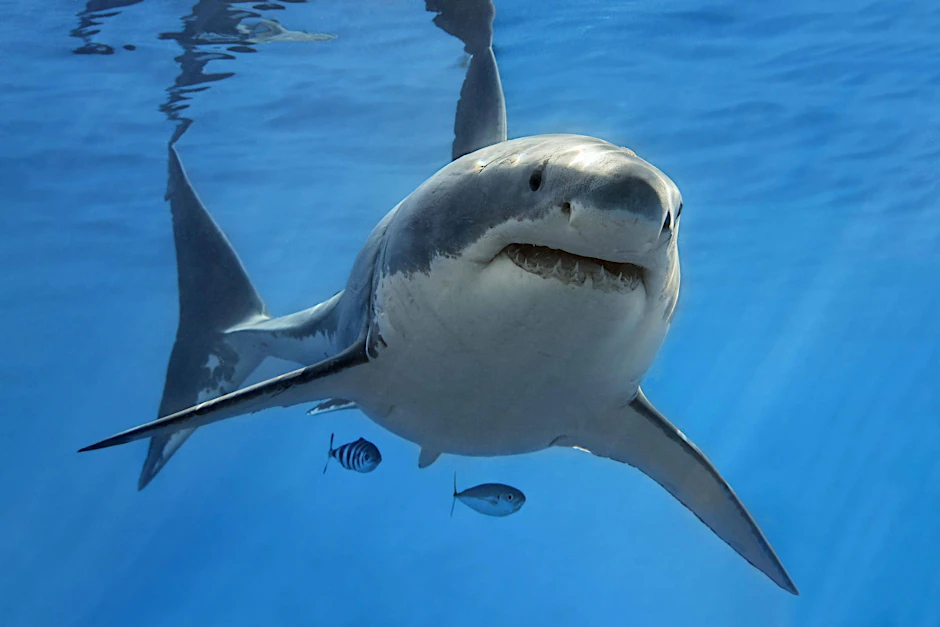 Majestätischer Raubfisch: Ein Weißer Hai (<em>Carcharodon carcharias</em>) schwimmt im offenen Meer.