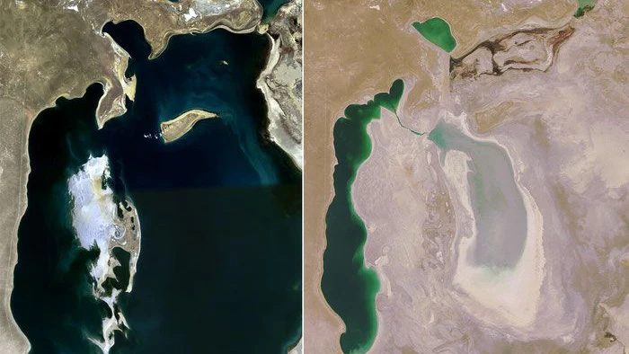 Satellitenbilder zeigen das Schrumpfen des Aralsees. Links: 1989, rechts: 2008.