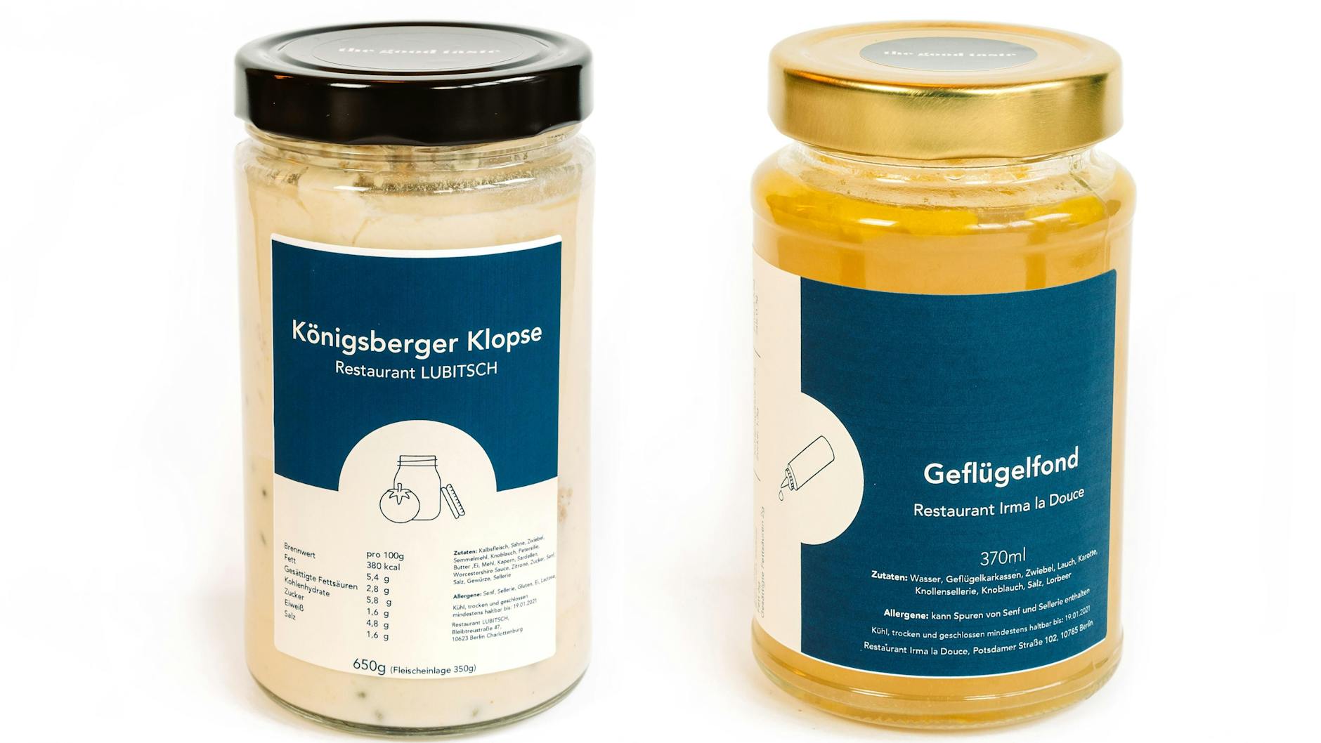 Bestellen, aufwärmen und zack, schon auf dem Teller: Königsberger Klopse aus dem Lubitsch und Geflügelfond vom Irma La Douce. Beides über The Good Taste erhältlich.