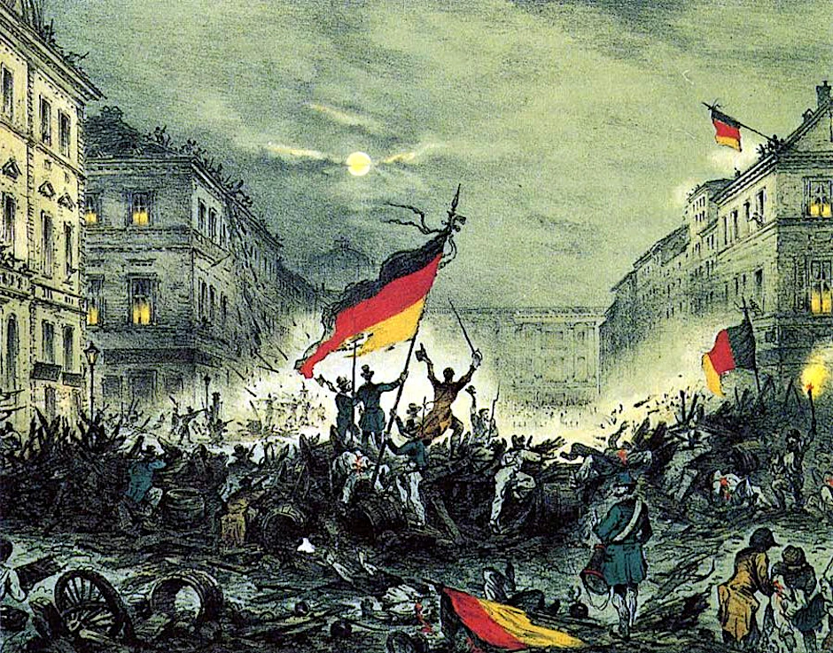 Berliner Jubel unter Schwarz-Rot-Gold: Das Gemälde zeigt Revolutionäre, die nach Barrikadenkämpfen am 18./19. März 1848 in der Breiten Straße in Berlin ihren Erfolg feiern.<br>