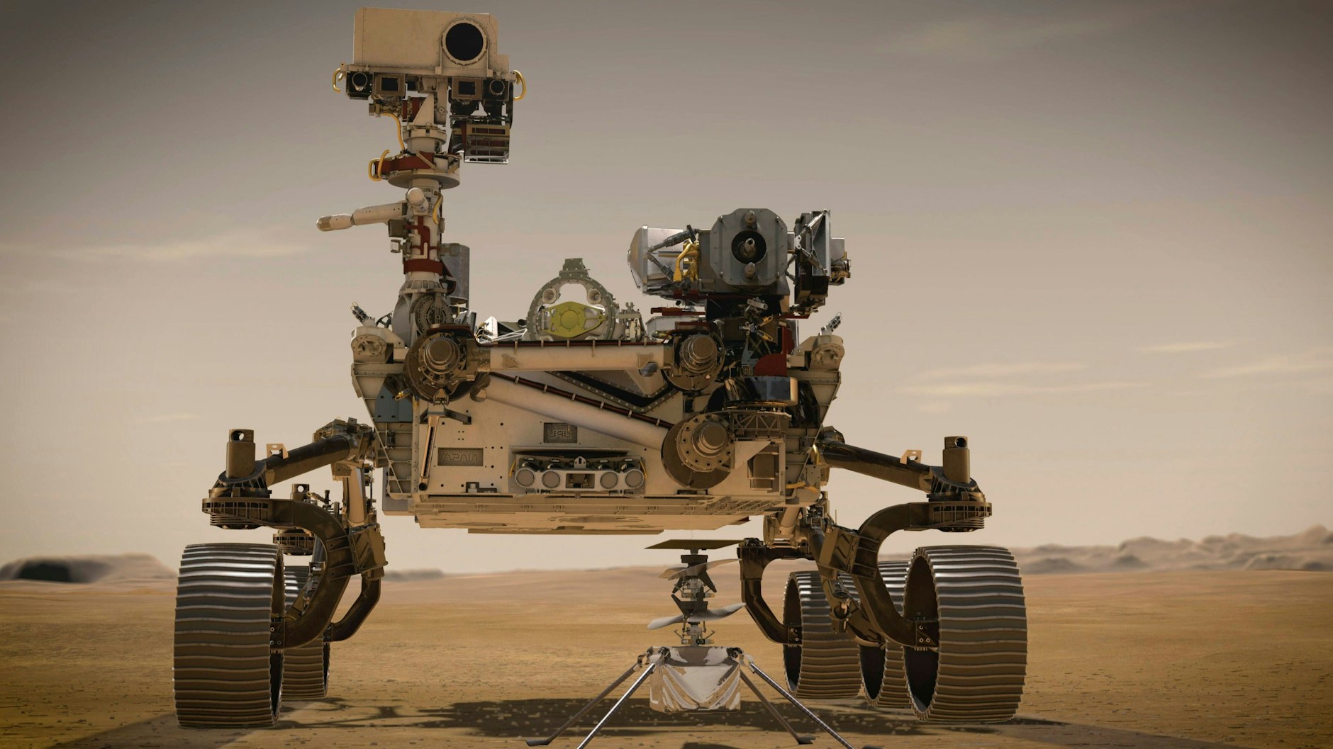 Mars-Rover Perseverance und sein Helikopter Ingenuity müssen für zwei Wochen still am Boden ausharren, bis die Nasa sie wieder störungsfrei erreichen kann (Illustration).