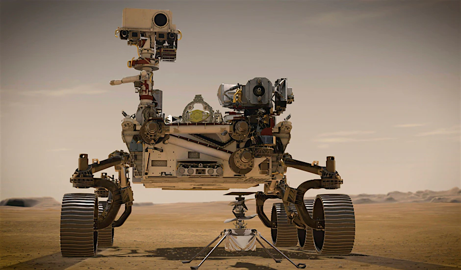Mars-Rover Perseverance und sein Helikopter Ingenuity müssen für zwei Wochen still am Boden ausharren, bis die Nasa sie wieder störungsfrei erreichen kann (Illustration).