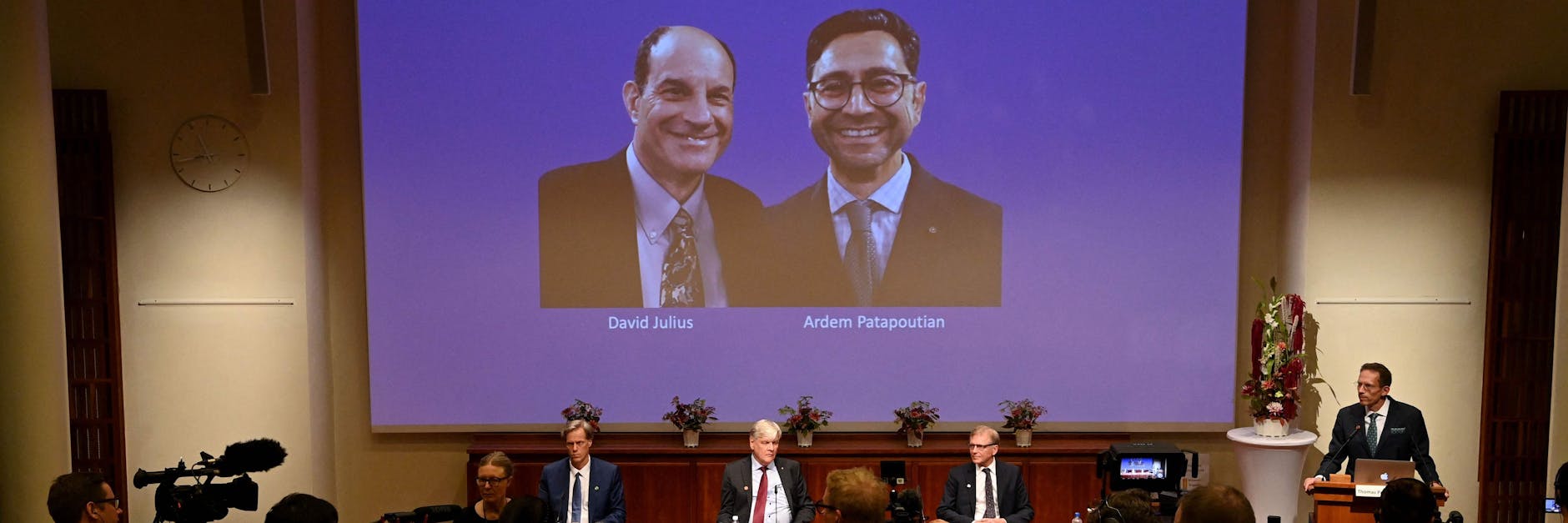 Pressekonferenz zur Verleihung des Nobelpreises für Medizin an David Julius und Ardem Patapoutian in Stockholm.