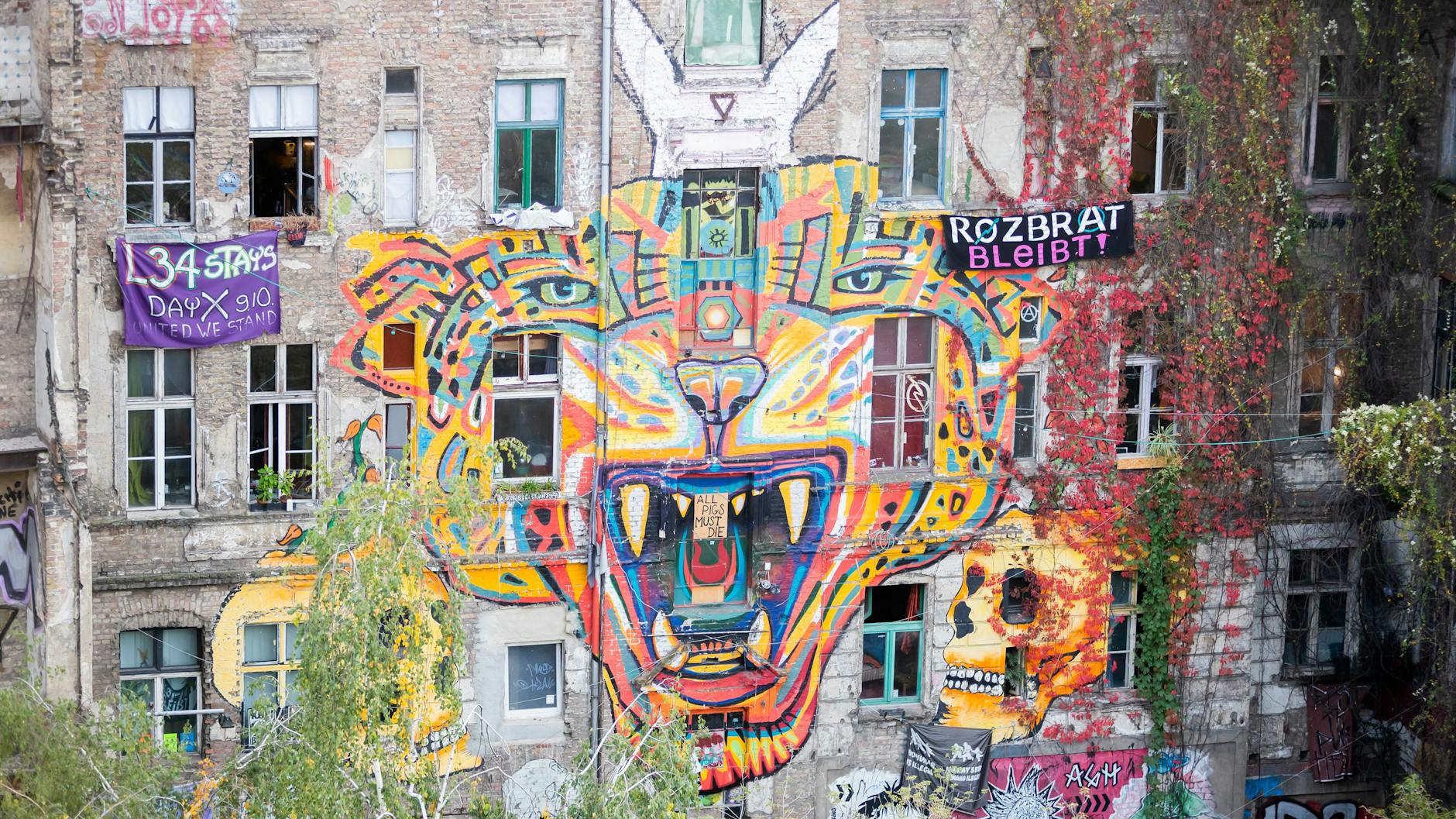 Ein Tigerkopf ist auf der Fassade des linksautonomen Wohnprojekts zu sehen.