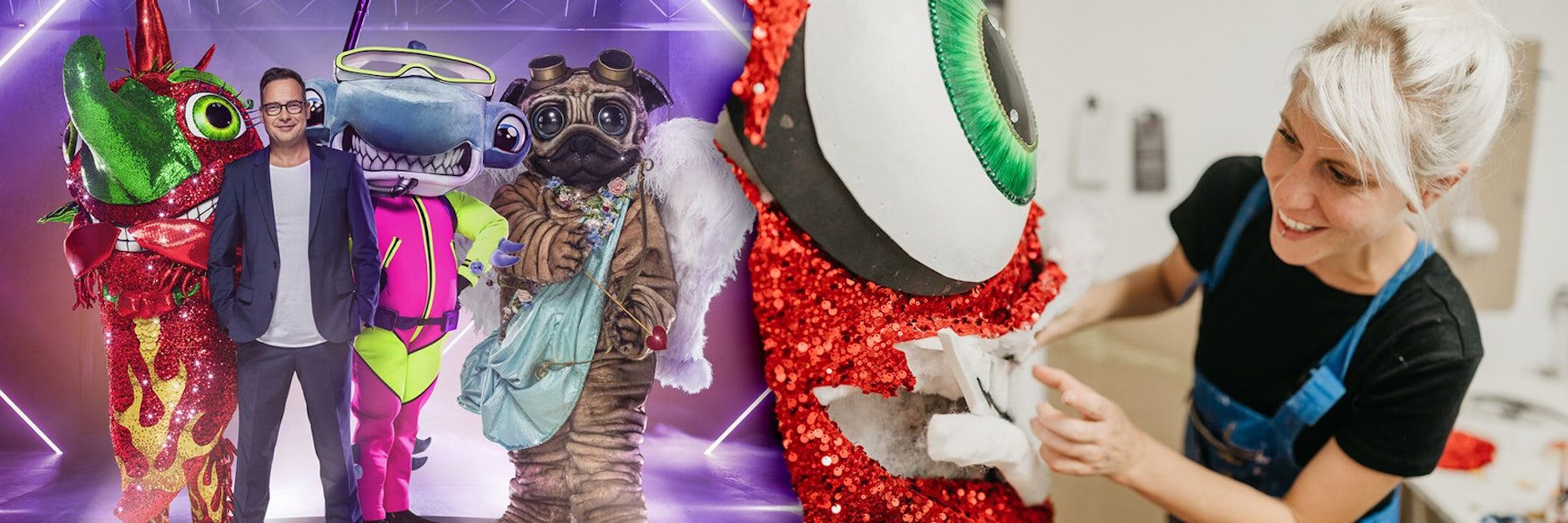 Marianna Meinl kümmert sich um die Chilischote - nur eines der bunten Kostüme in der fünften Staffel von The Masked Singer. Links: Moderator Matthias Opdenhövel mit Chilischote, Mops und Hammerhai.