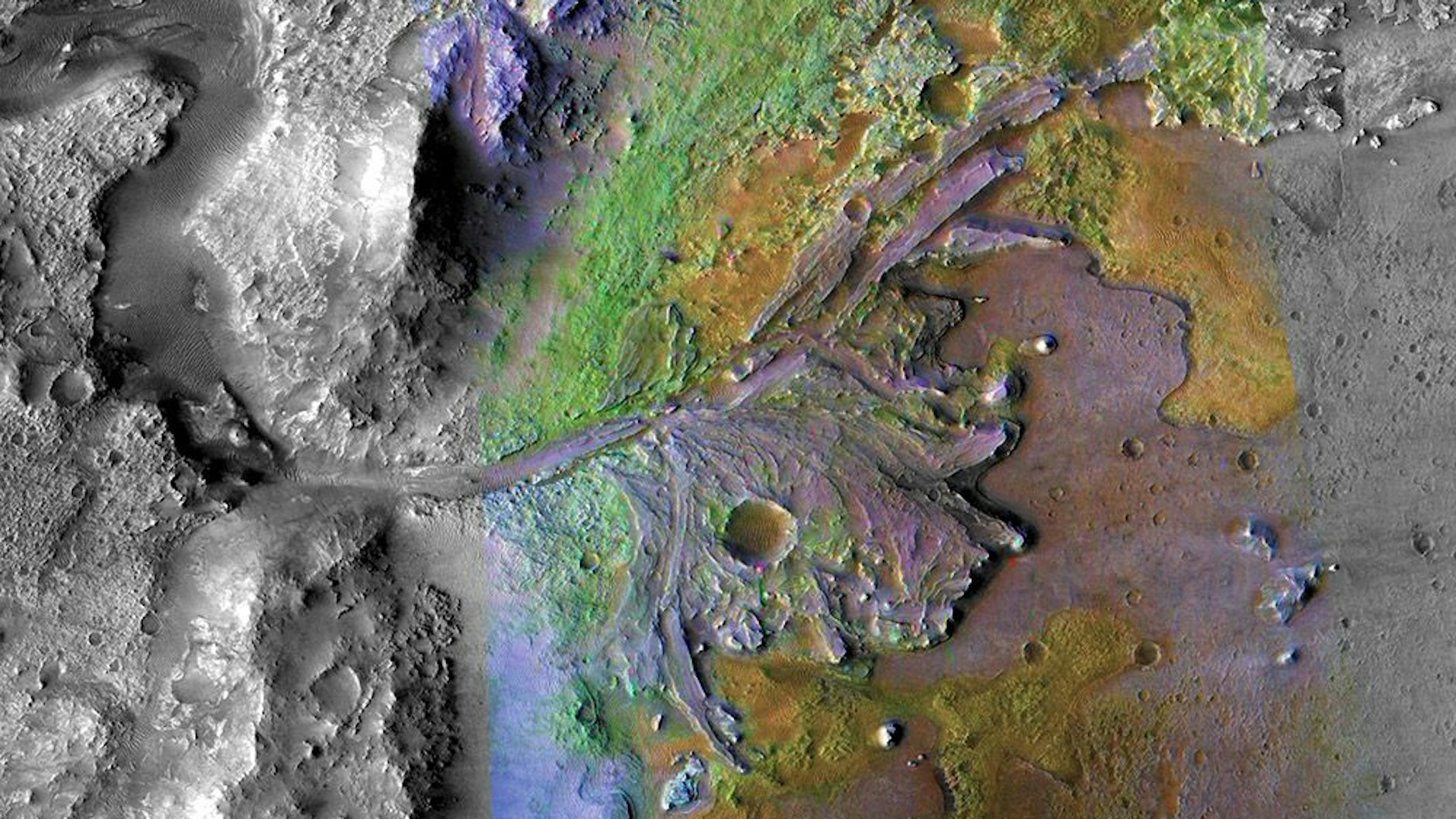 Diese Aufnahme zeigt den Jezero-Krater auf dem Mars und sein Fluss Delta.